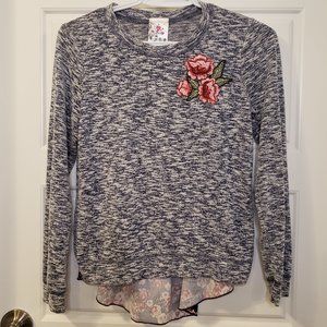 Girl's Heather Grey Dark Blue Burgundy Pink Embroidered Roses Shirt-Size L or 14